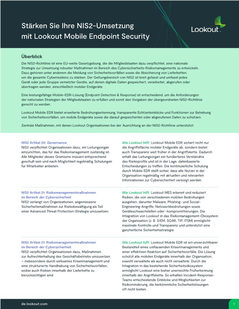Stärken Sie Ihre NIS2-Umsetzung mit Lookout Mobile Endpoint Security