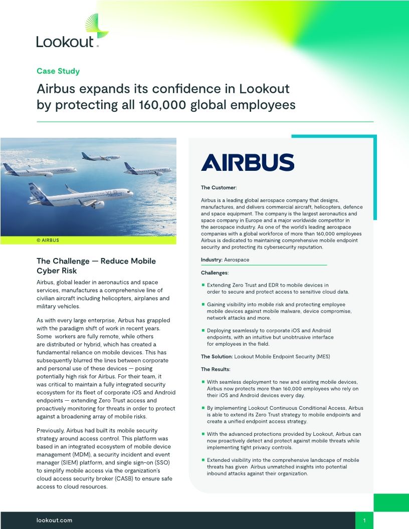 Airbus renforce sa confiance dans Lookout et prot&egrave;ge d&eacute;sormais ses 160 000 collaborateurs &agrave; travers le monde
