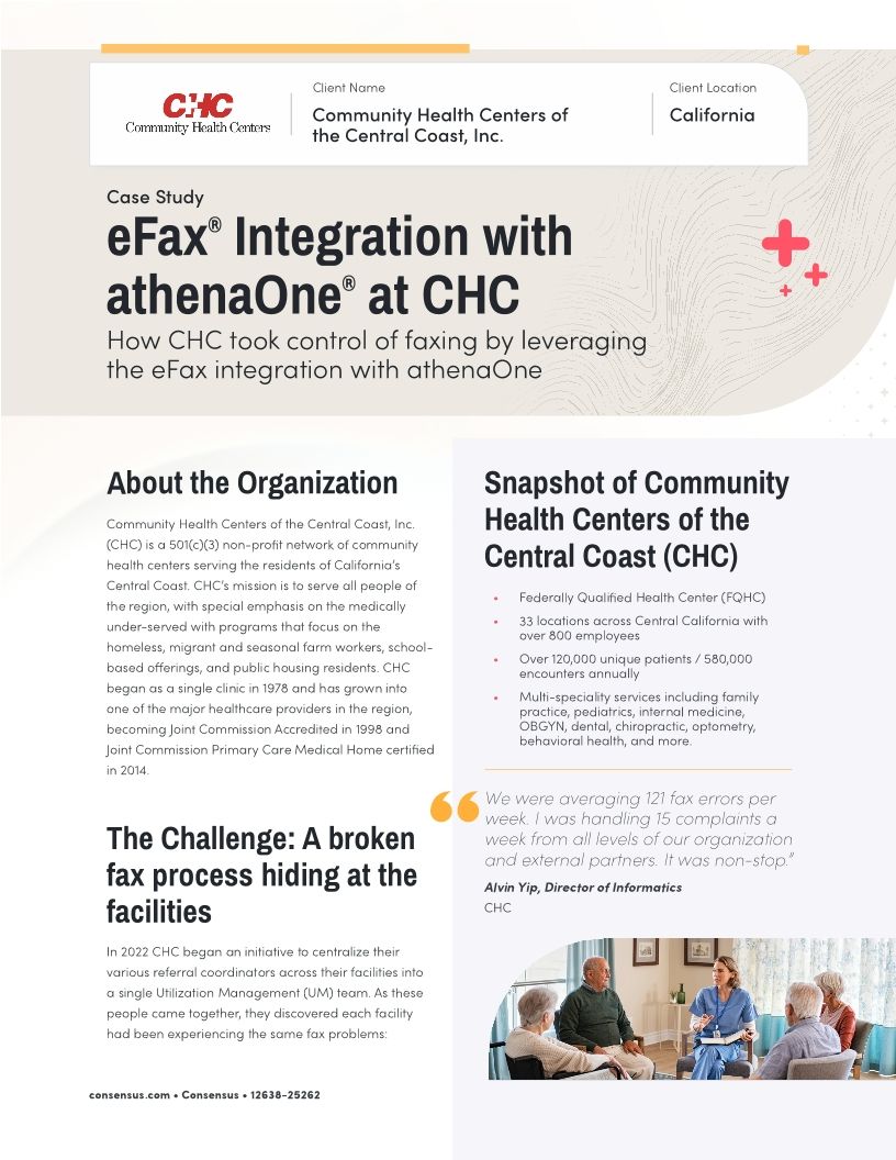 eFax® Integration with athenaOne® at Community Health Centers of the Central Coast (CHC)