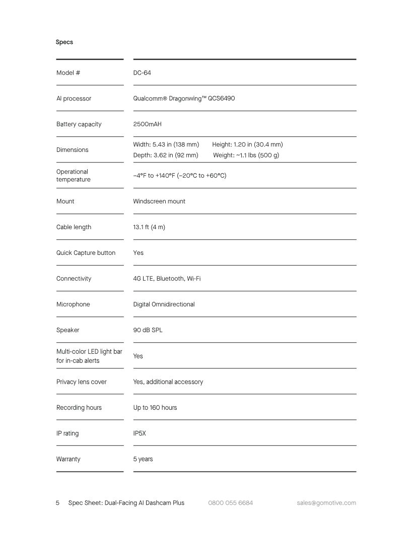 AI Dashcam Plus spec sheet