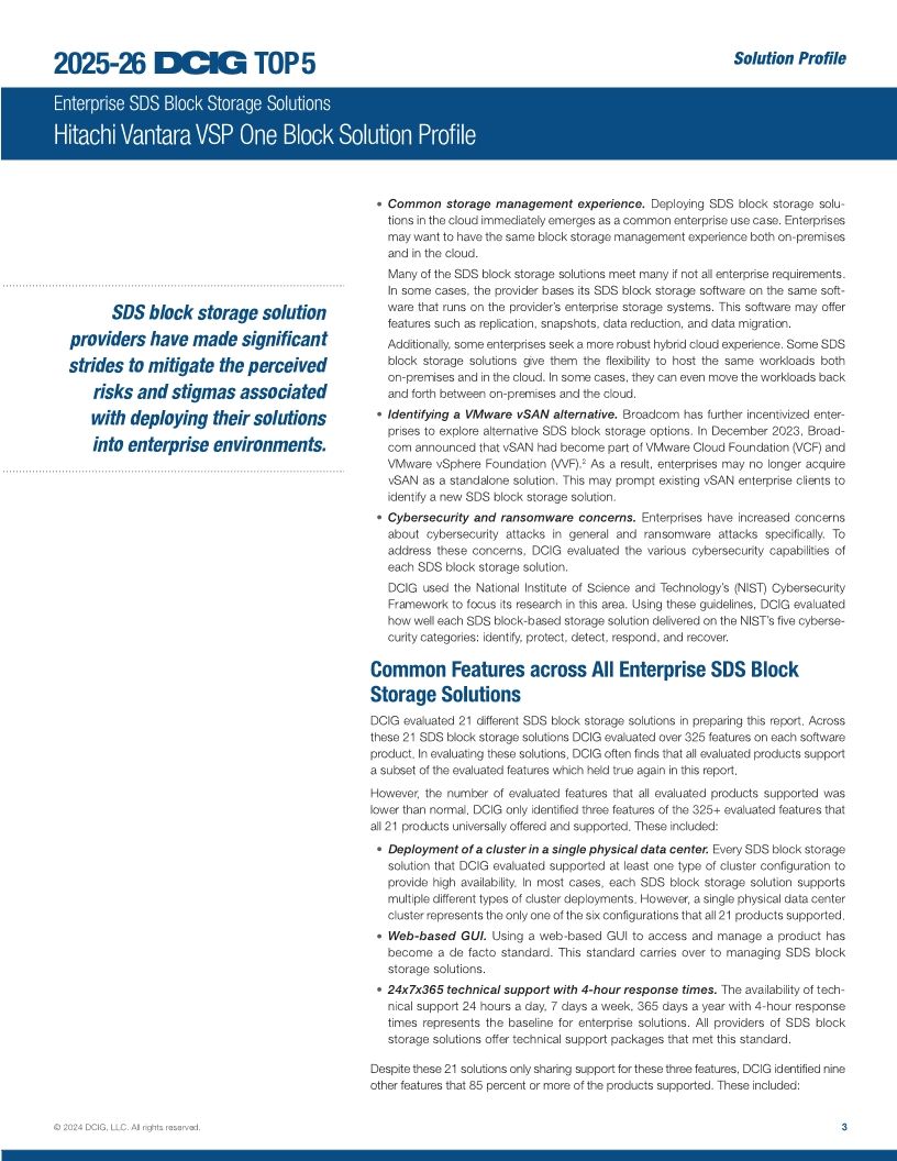 DCIG Top 5 Enterprise SDS Block Storage Solutions Hitachi Vantara VSP One Block Solution Profile