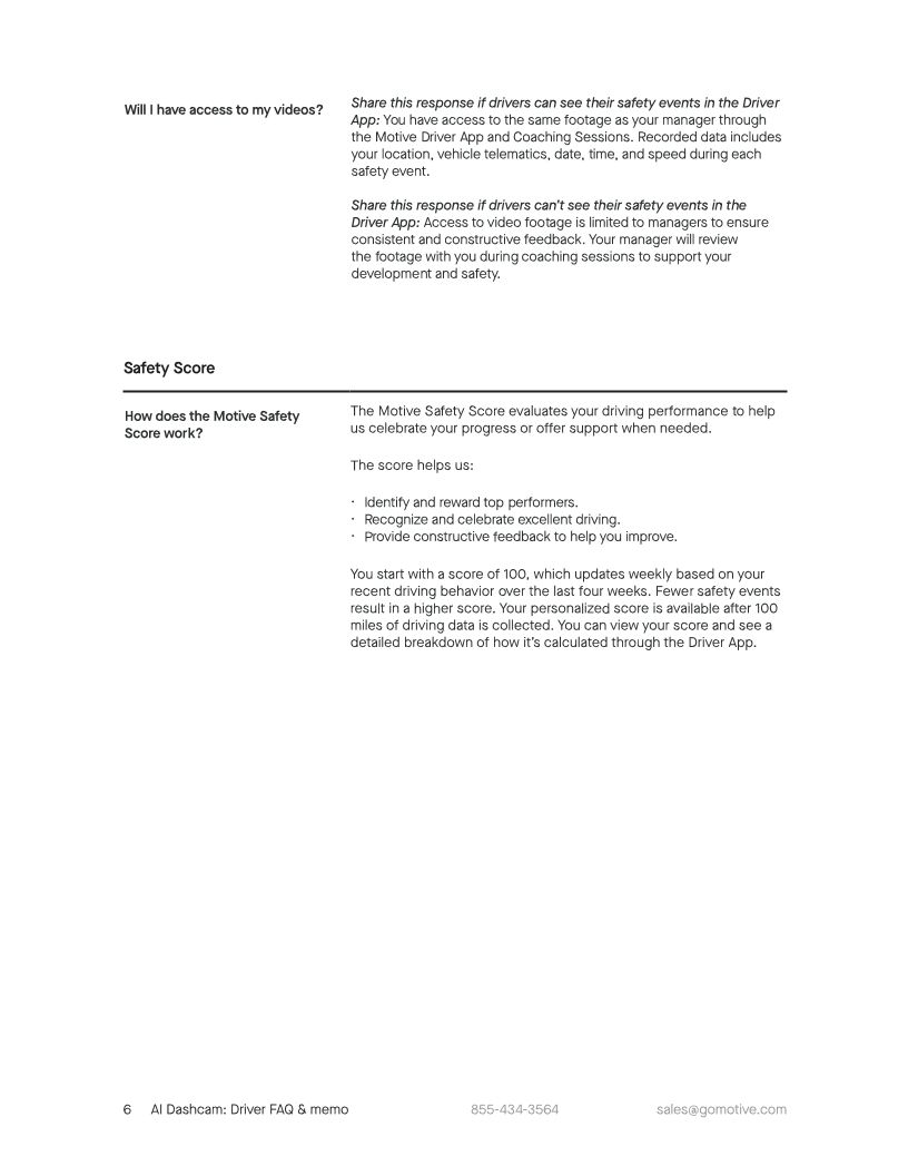 AI Dashcam Driver FAQ & memo