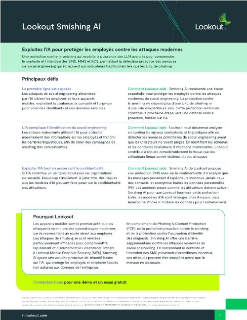 Lookout Smishing AI - Exploitez l’IA pour protéger les employés contre les attaques modernes