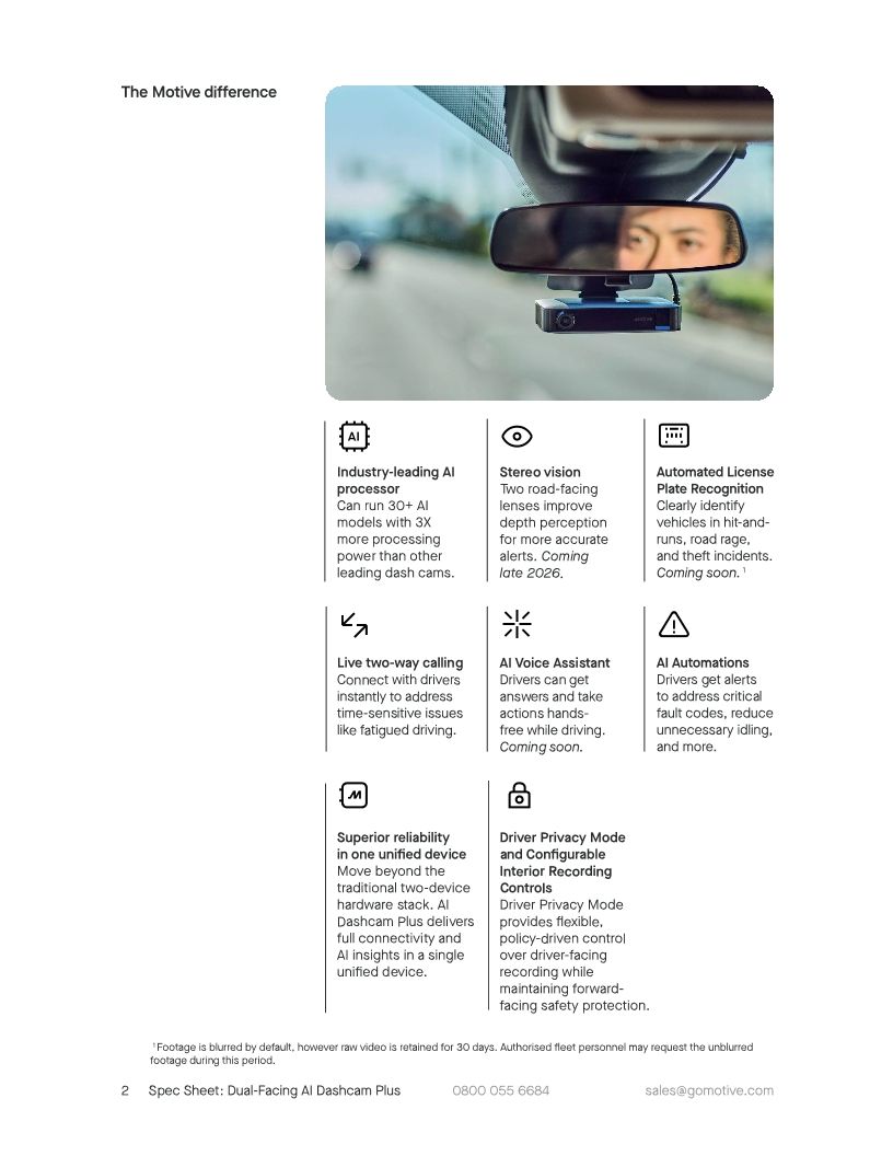 AI Dashcam Plus spec sheet