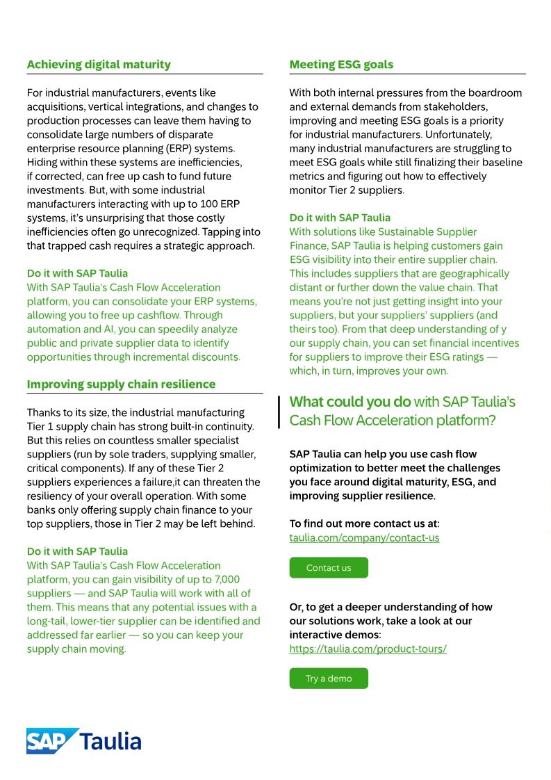 Taulia in the Manufacturing sector datasheet