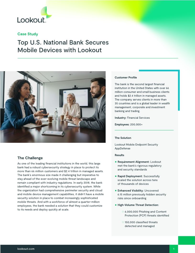 Top U.S. National Bank Secures Mobile Devices with Lookout