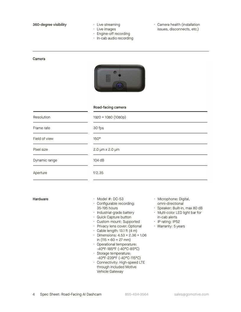 Spec Sheet Road-Facing AI Dashcam