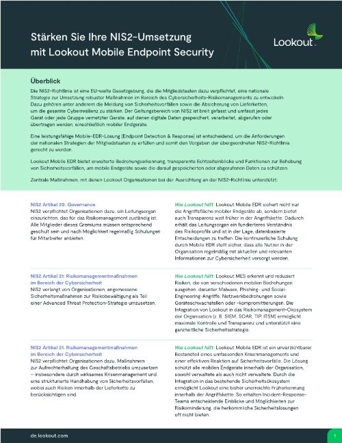 Stärken Sie Ihre NIS2-Umsetzung mit Lookout Mobile Endpoint Security