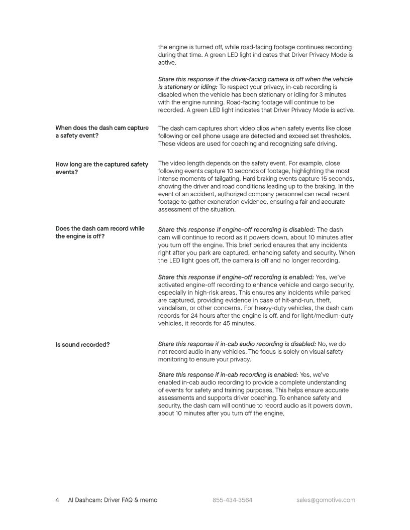 AI Dashcam Driver FAQ & memo