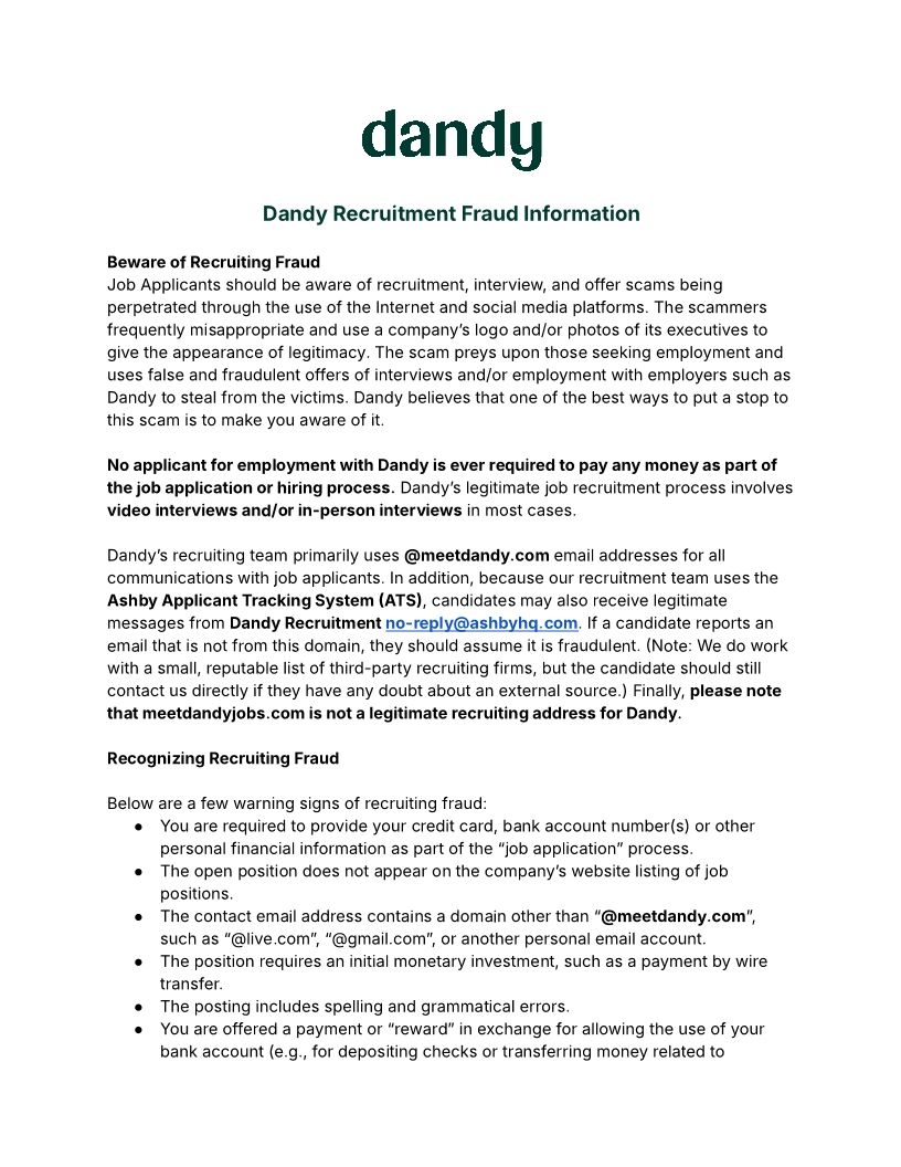 Dandy Recruitment Fraud Information