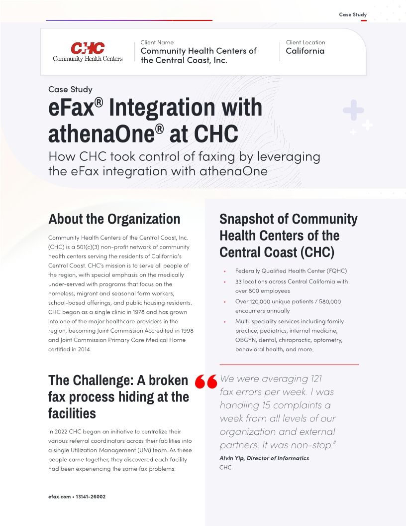 eFax&reg; Integration with athenaOne&reg; at Community Health Centers of the Central Coast (CHC)