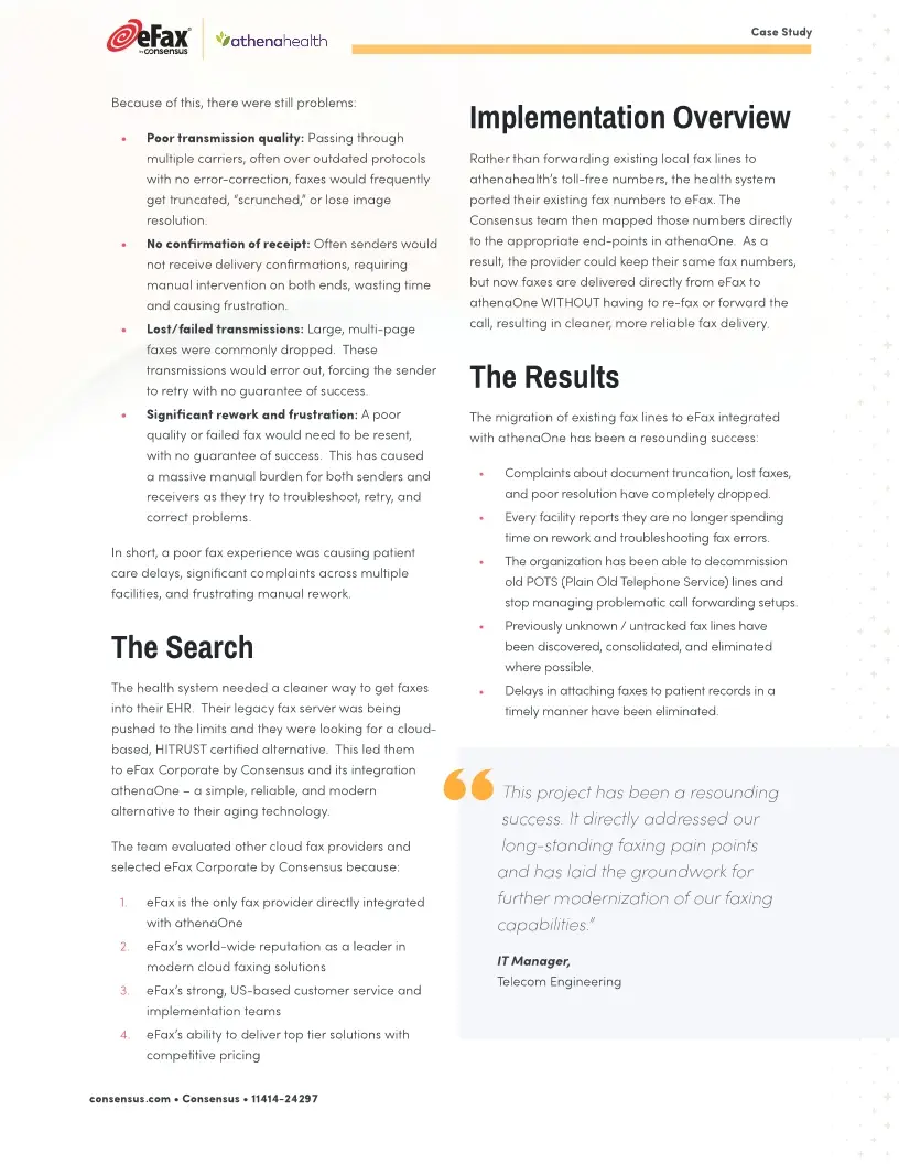 eFax® integrated with athenaOne® at a multi-specialty IDN