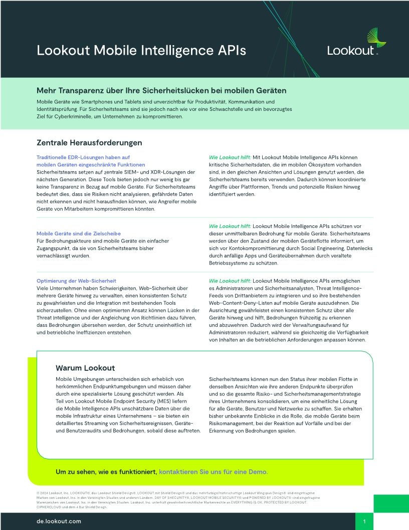Lookout Mobile Intelligence APIs: Mehr Transparenz über Ihre Sicherheitslücken bei mobilen Geräten