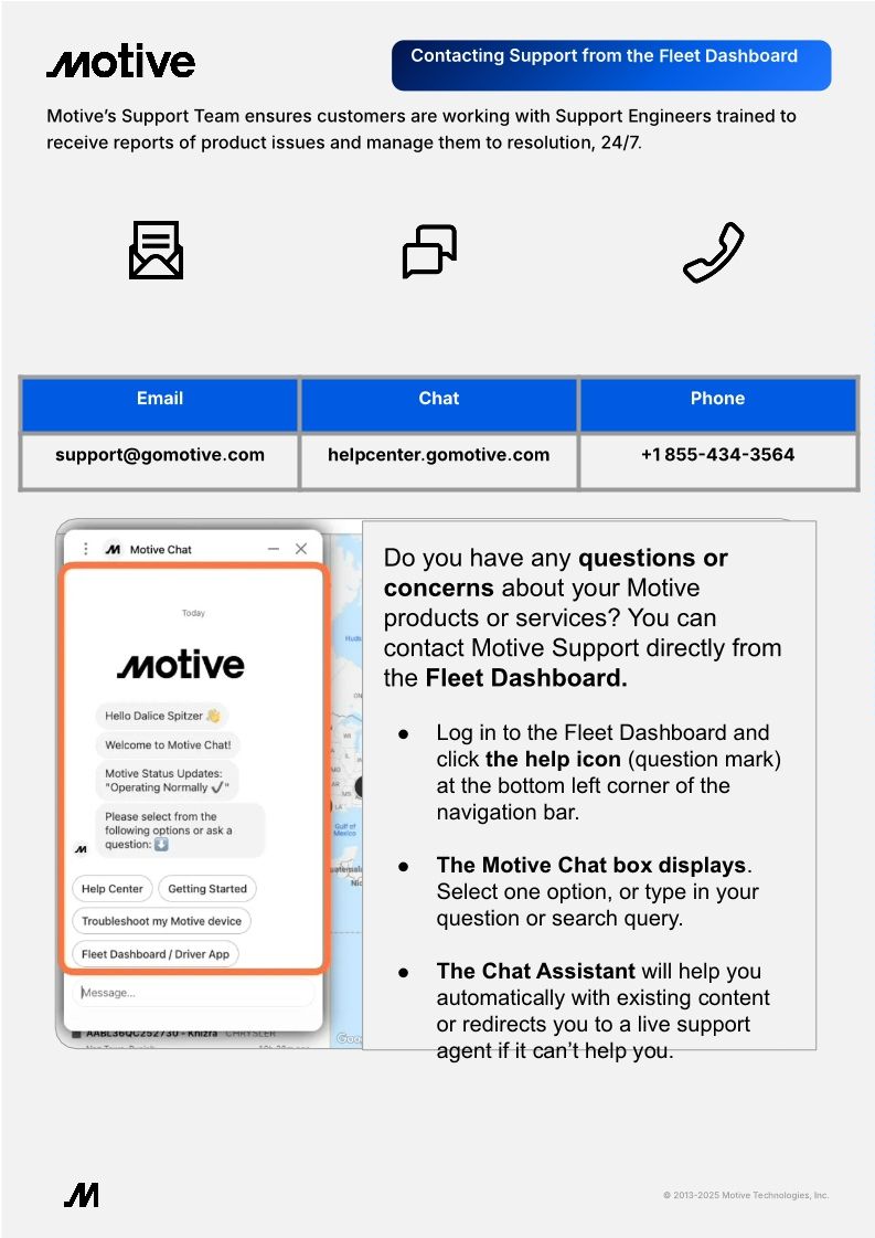 Contacting Support from the Fleet Dashboard QRG