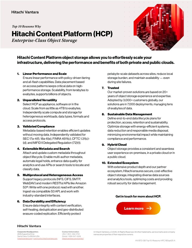 Top 10 Reasons Why Hitachi Content Platform (HCP) Enterprise-Class Object Storage