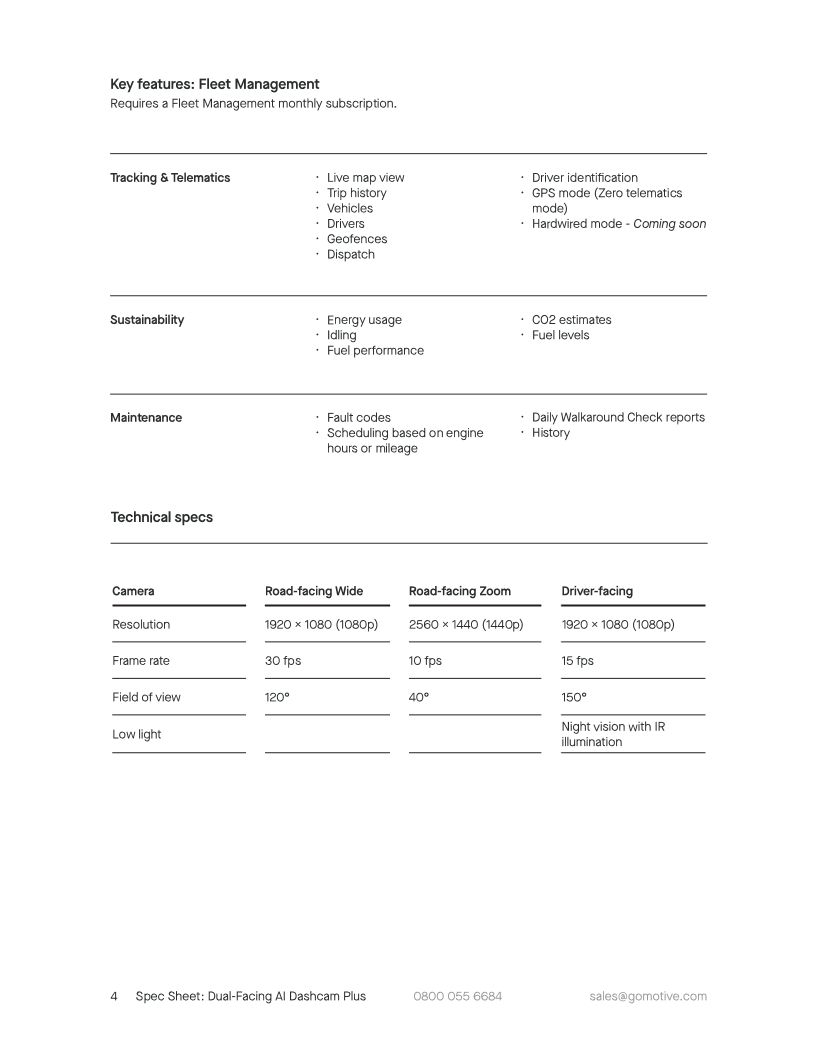 AI Dashcam Plus spec sheet