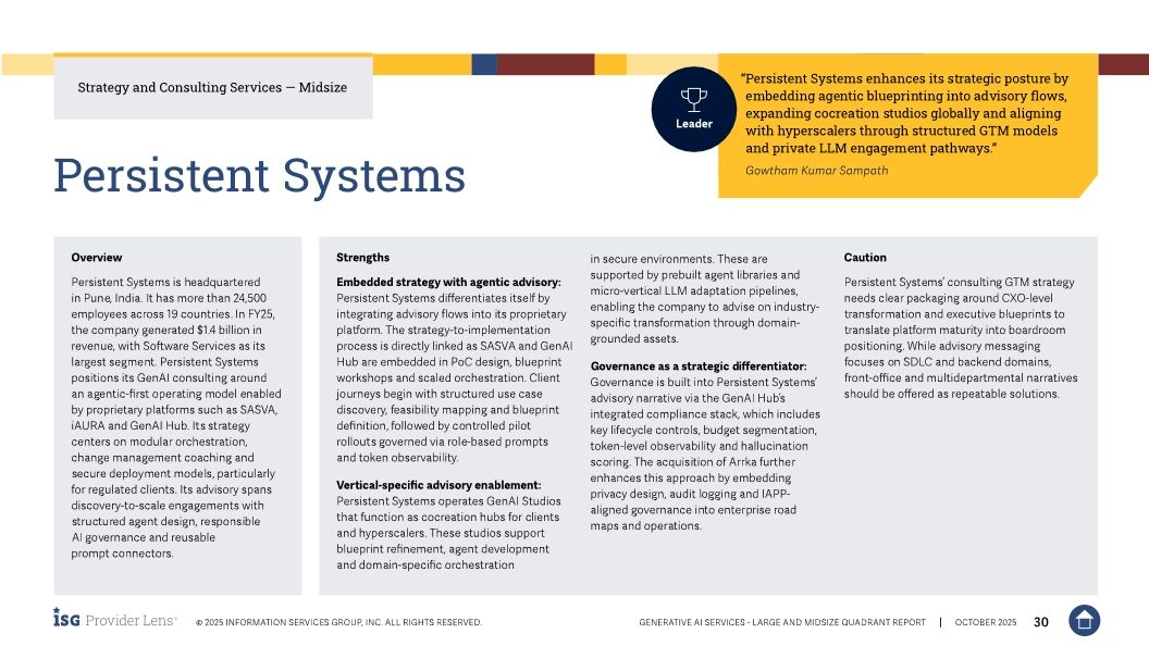Persistent Systems Named a Leader in 2025 ISG Provider Lens&reg; Generative AI Services