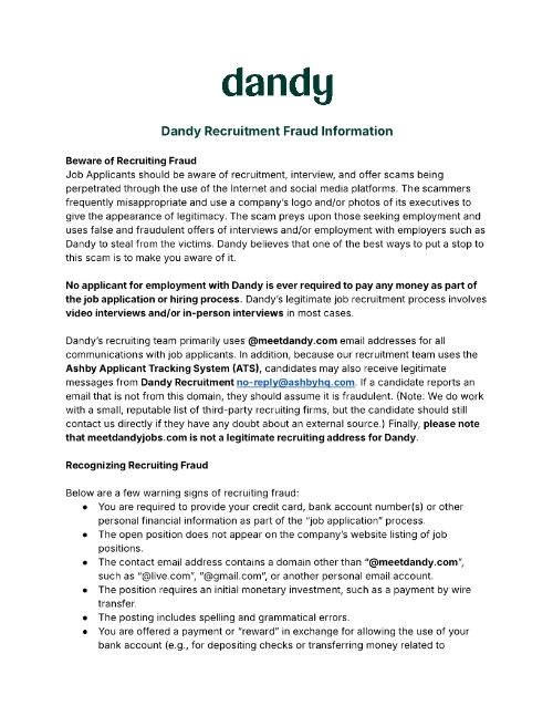Dandy Recruitment Fraud Information