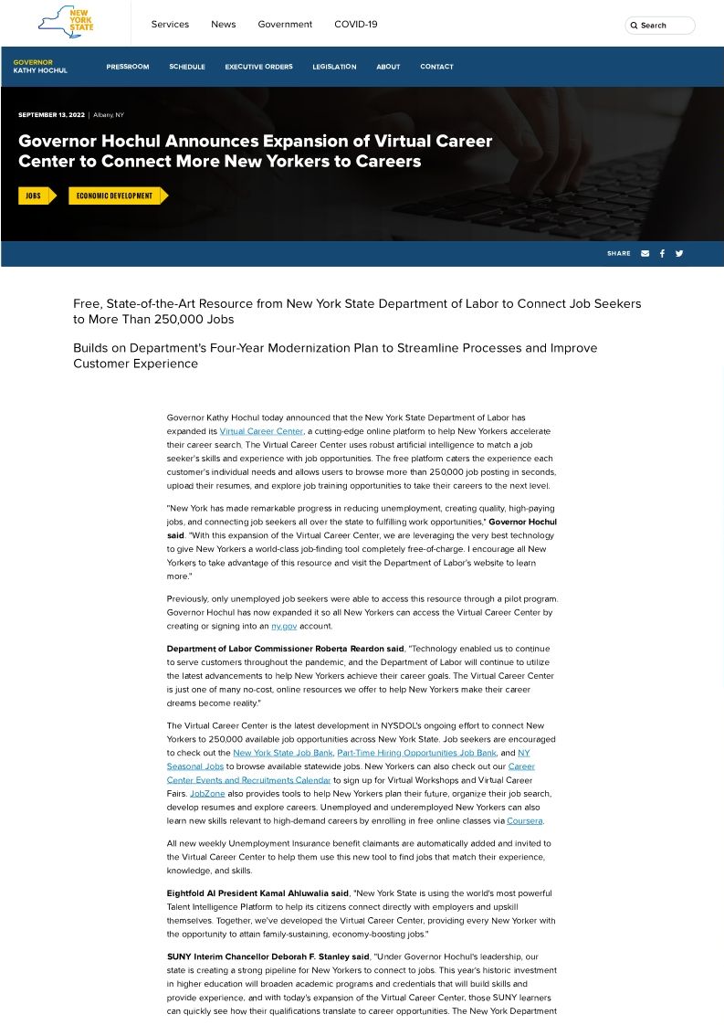 Governor Hochul Announces Expansion of Virtual Career Center to Connect More New Yorkers to Careers