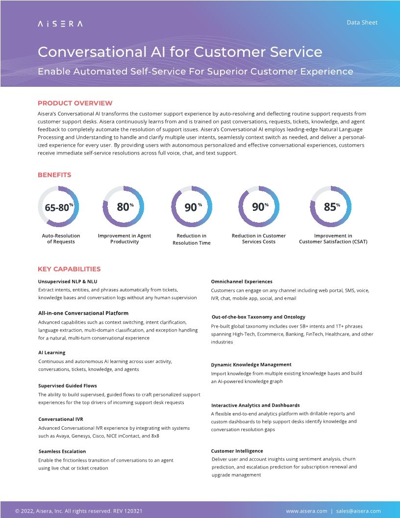 Conversational AI for Customer Support | Aisera Data Sheet