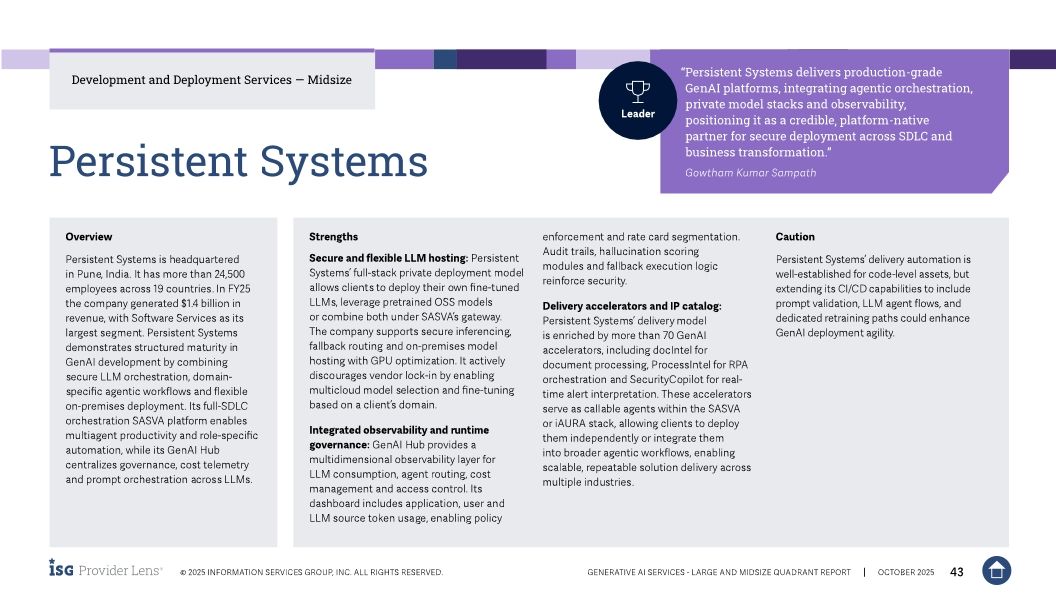 Persistent Systems Named a Leader in 2025 ISG Provider Lens&reg; Generative AI Services