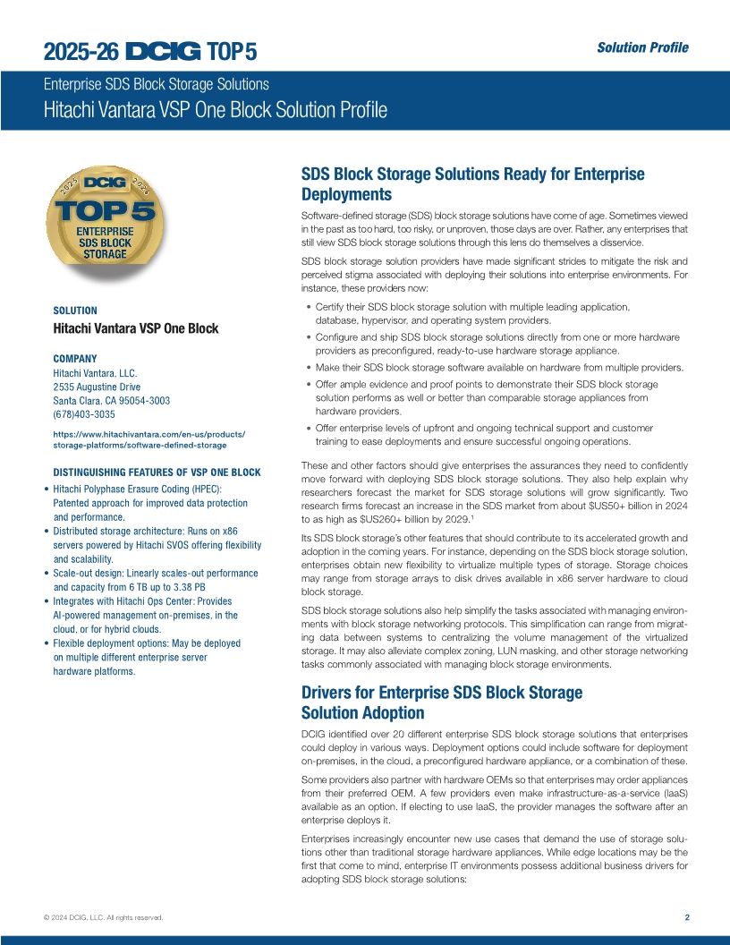 DCIG Top 5 Enterprise SDS Block Storage Solutions Hitachi Vantara VSP One Block Solution Profile