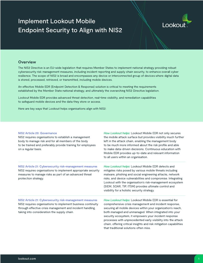 Implement Lookout Mobile Endpoint Security to Align with NIS2