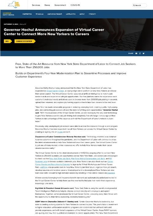 Governor Hochul Announces Expansion of Virtual Career Center to Connect More New Yorkers to Careers