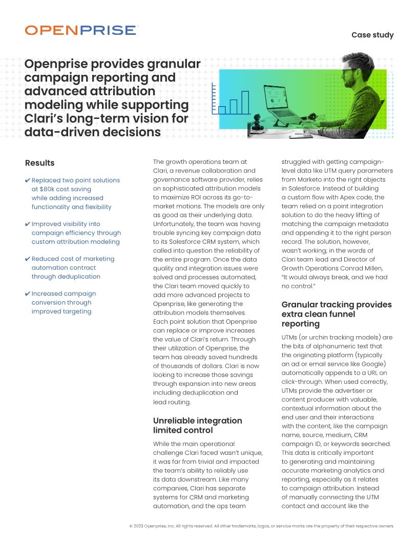 Openprise provides granular campaign reporting and advanced attribution modeling while supporting Clari’s long-term vision for data-driven decisions