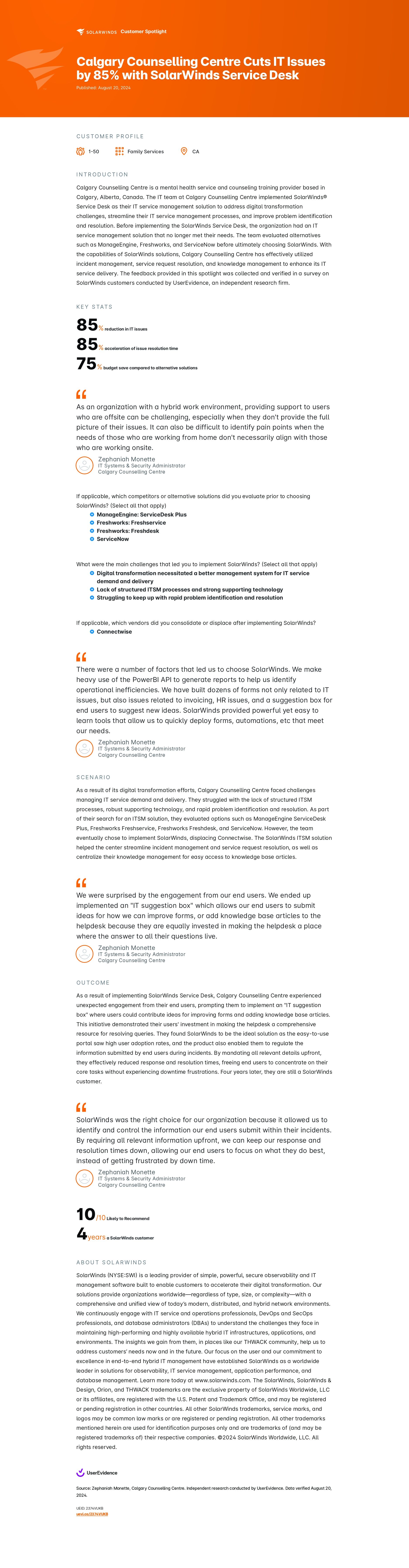 Calgary Counselling Centre Cuts IT Issues by 85% with SolarWinds Service Desk