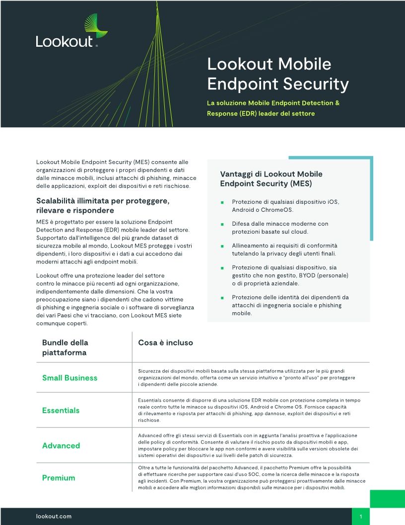 Lookout Mobile Endpoint Security: La soluzione Mobile Endpoint Detection & Response (EDR) leader del settore