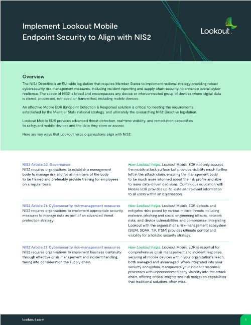 Implement Lookout Mobile Endpoint Security to Align with NIS2