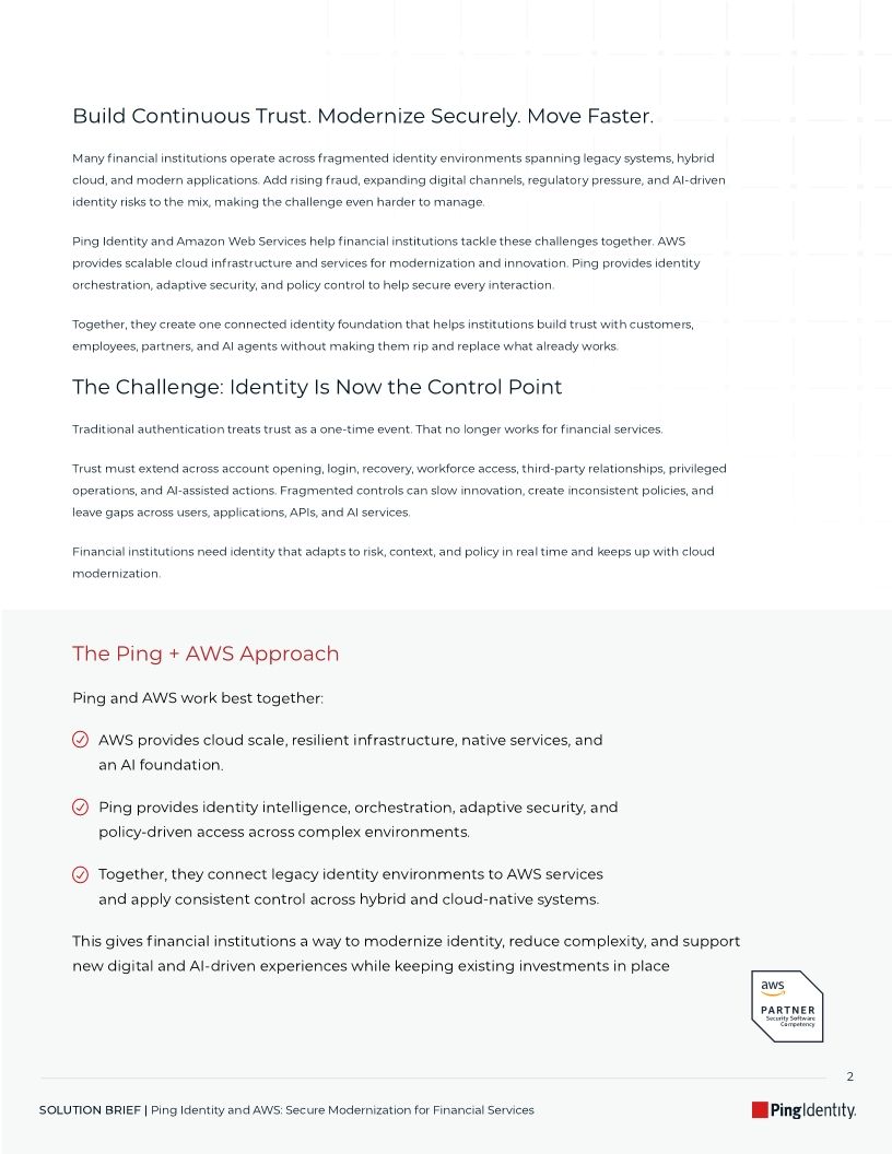 Modernize identity on AWS, cut fraud, and build continuous trust in financial services&mdash;learn how Ping and AWS secure your transformation.