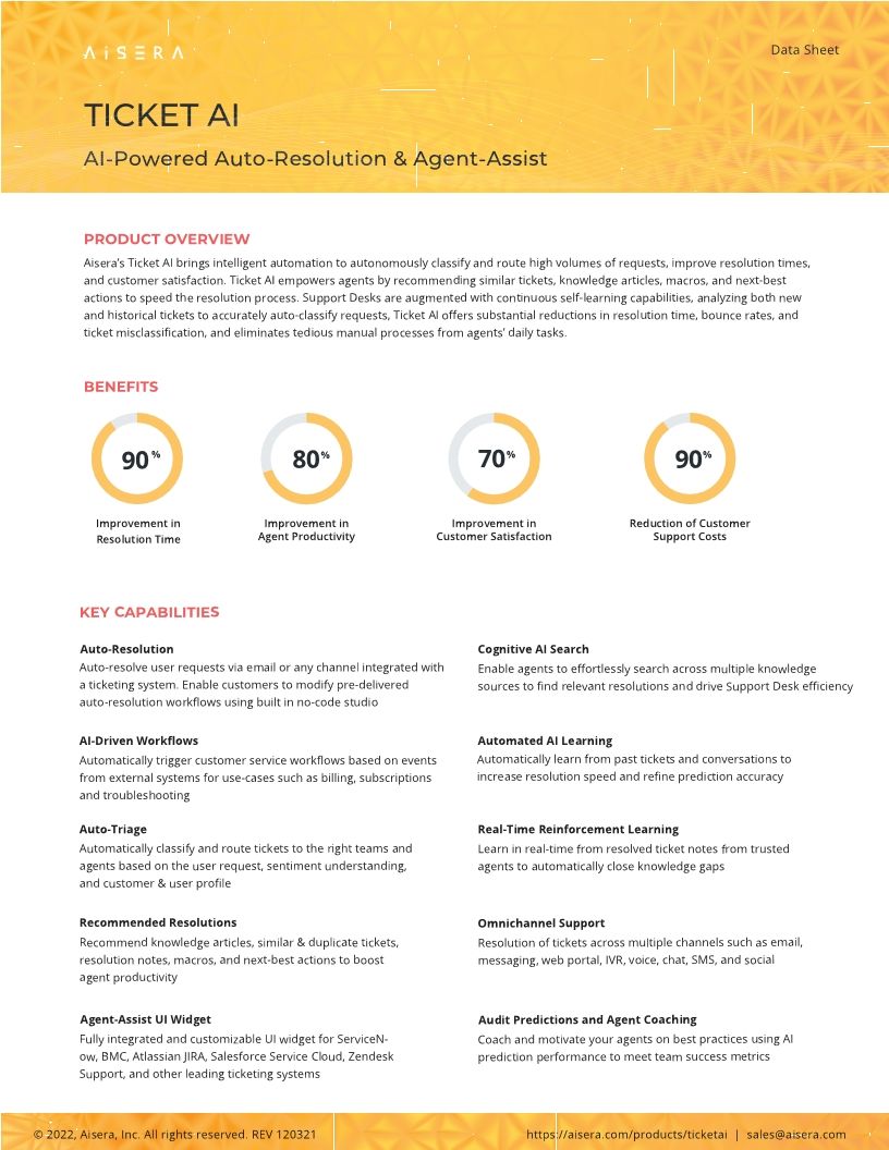 Ticket AI for Employee Productivity | Aisera Data Sheet
