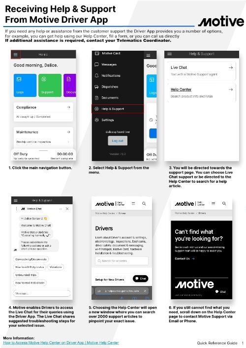 Receiving Help & Support on Driver App QRG