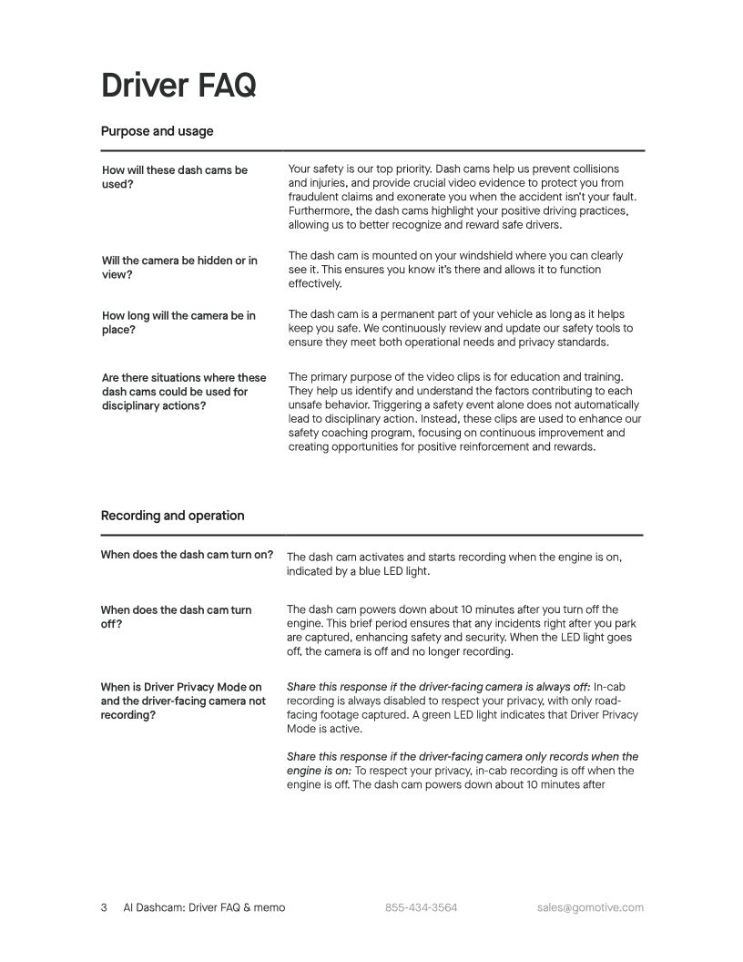 AI Dashcam Driver FAQ & memo